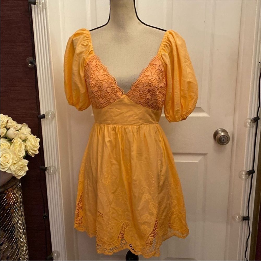 Indian 100% cotton Elegant Orange Lace Trim Dress, M - Picture 4 of 14
